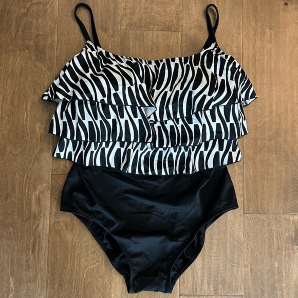 Inches away black ruffle tier one piece swimsuit 24W